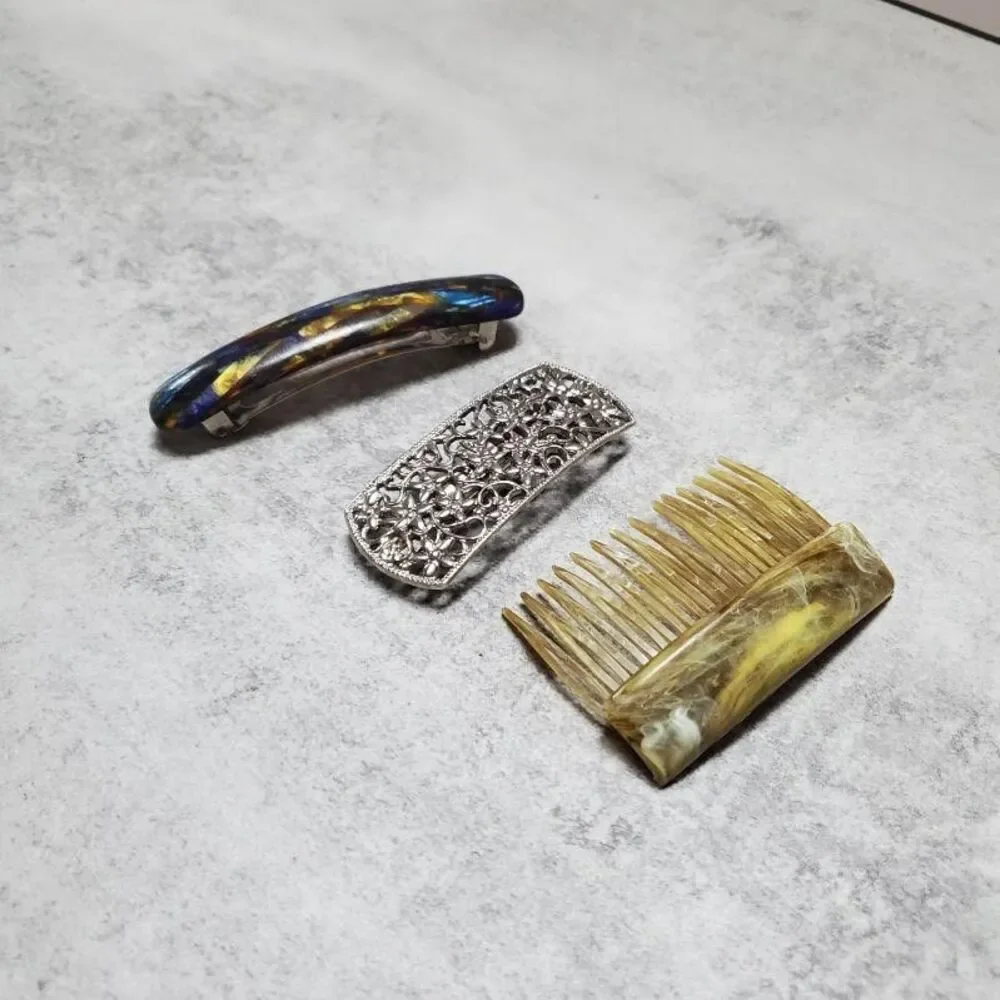 VTG Made in France Modele Depose Mixed Set of 3 Hair Barrette Clips & Comb